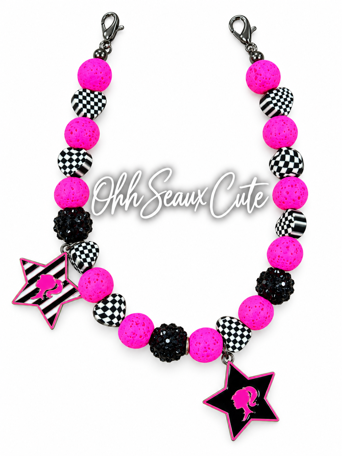 9” Checkered October Pink 3 Hat Chain