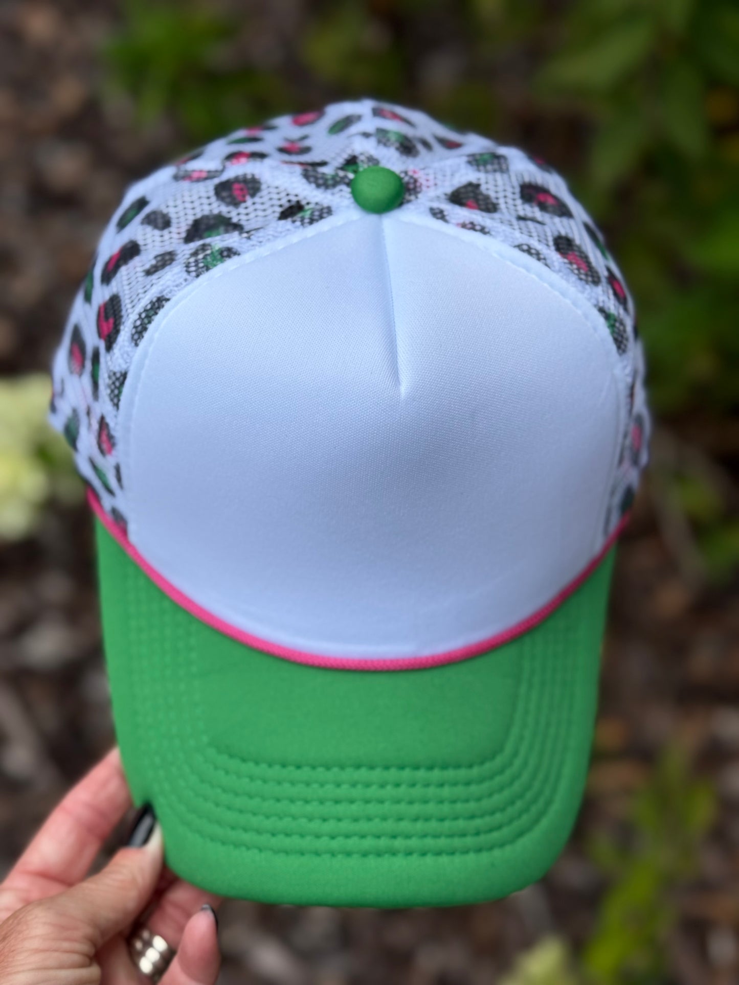 Boujee Grinchmas Collection Trucker Hat-Green/Pink Leopard