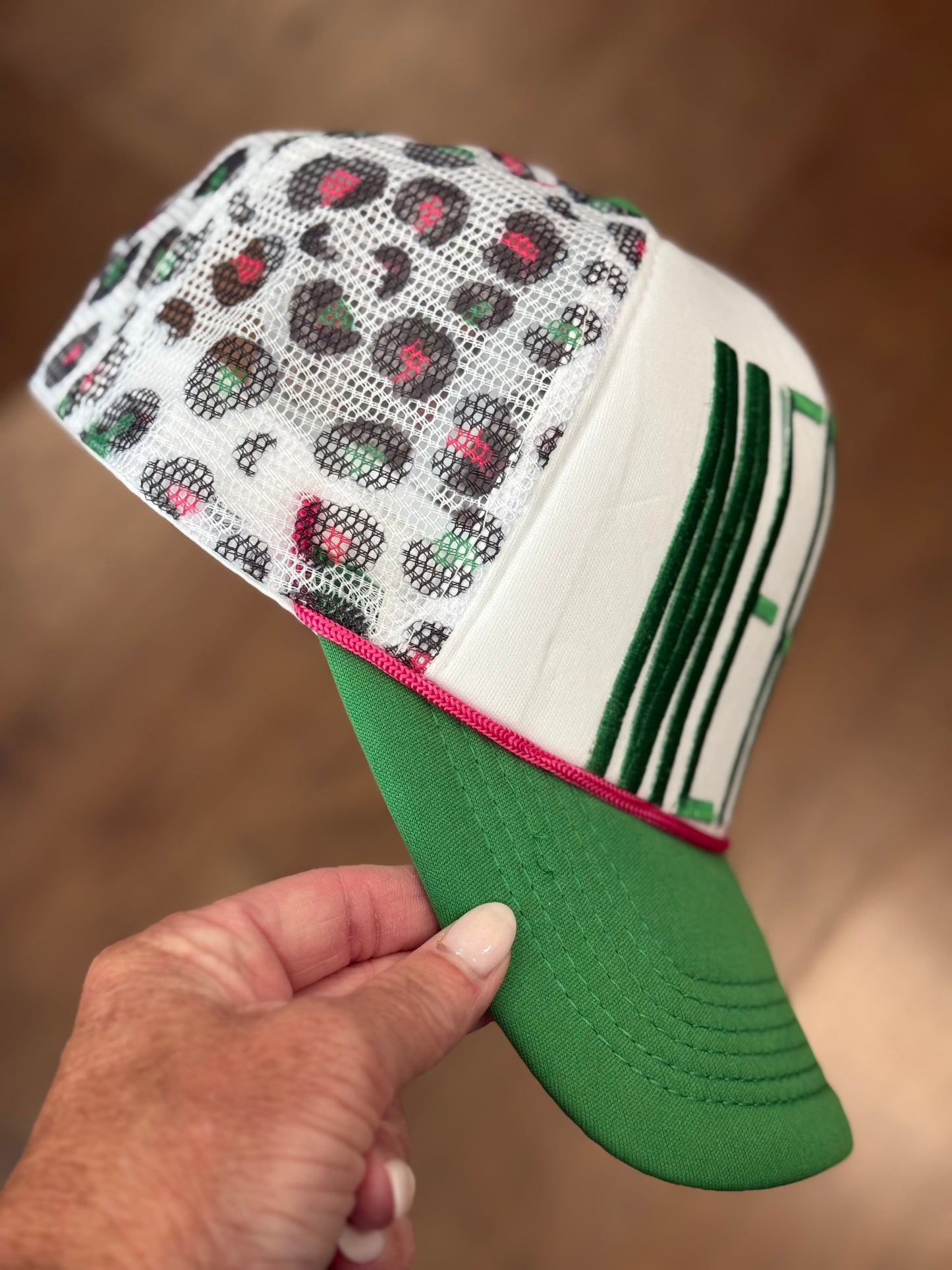 Boujee Grinchmas Collection Trucker Hat-Green/Pink Leopard