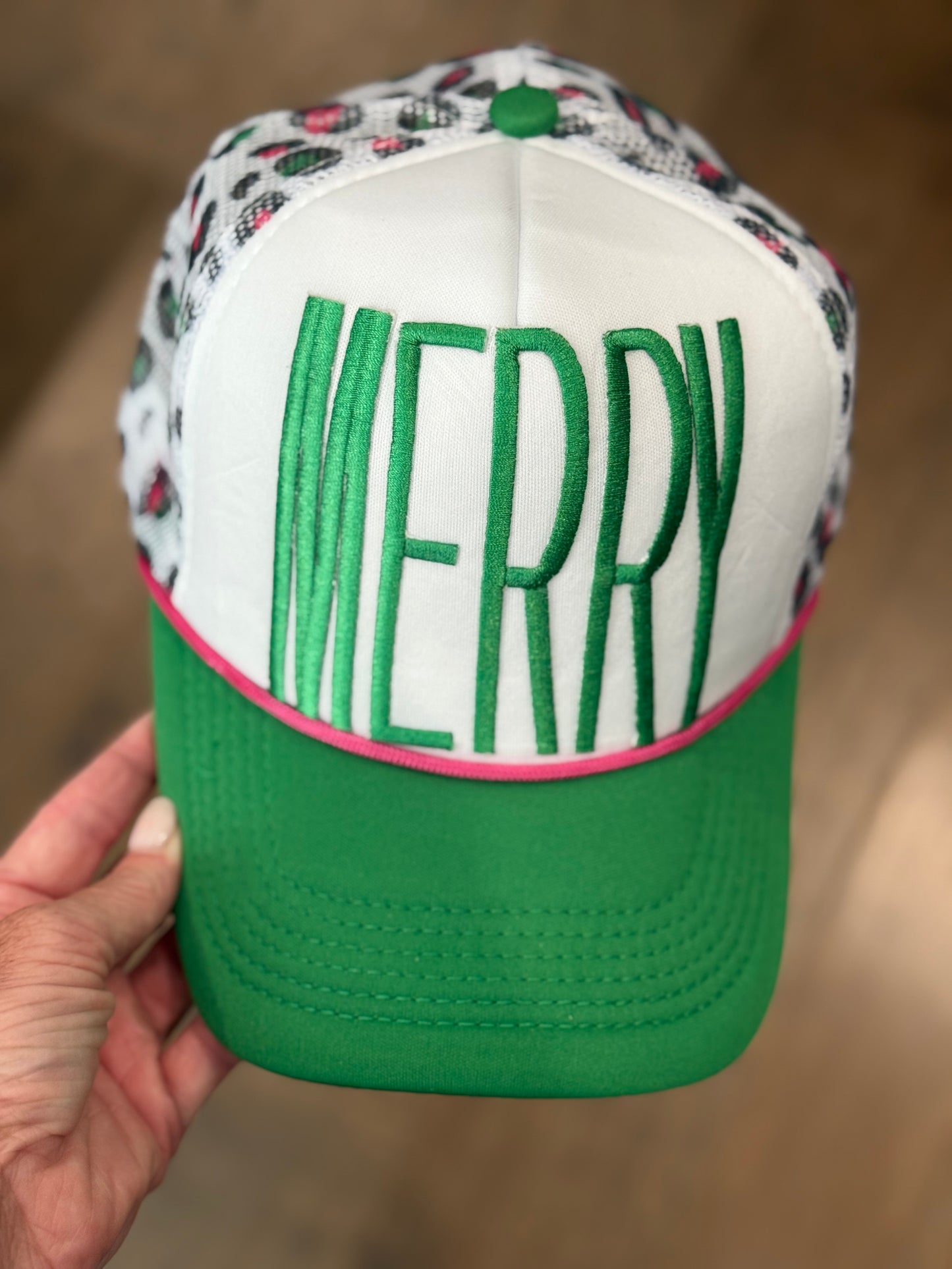 Boujee Grinchmas Collection Trucker Hat-Green/Pink Leopard