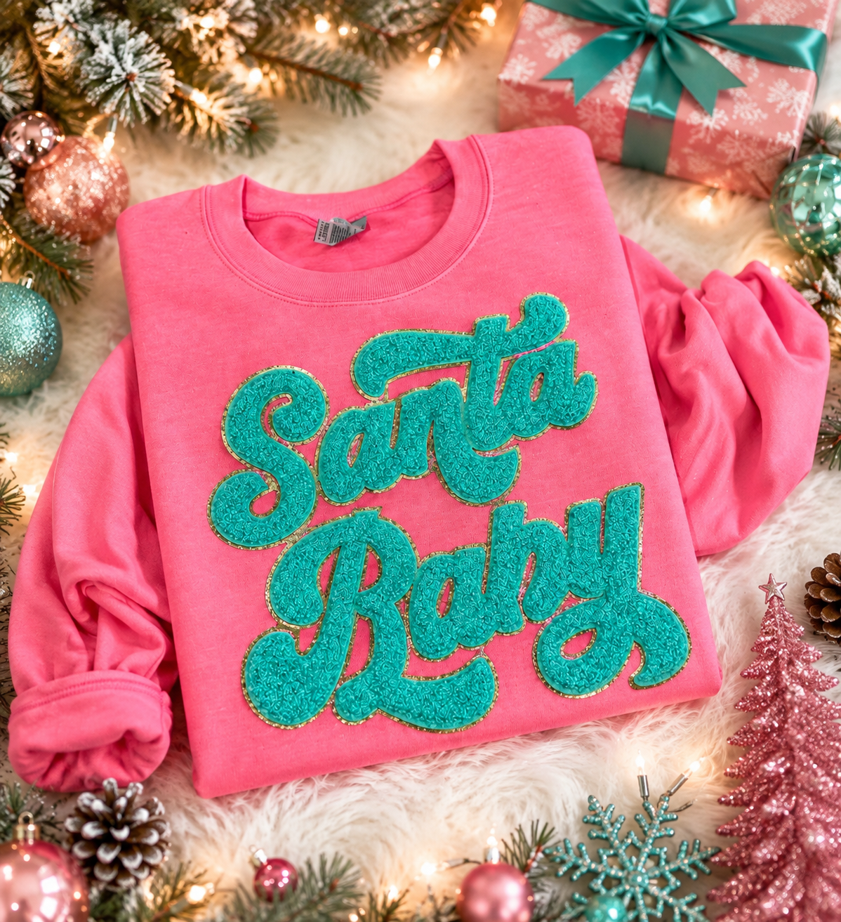 11” Chenille Santa Baby Patch-Teal/Pink