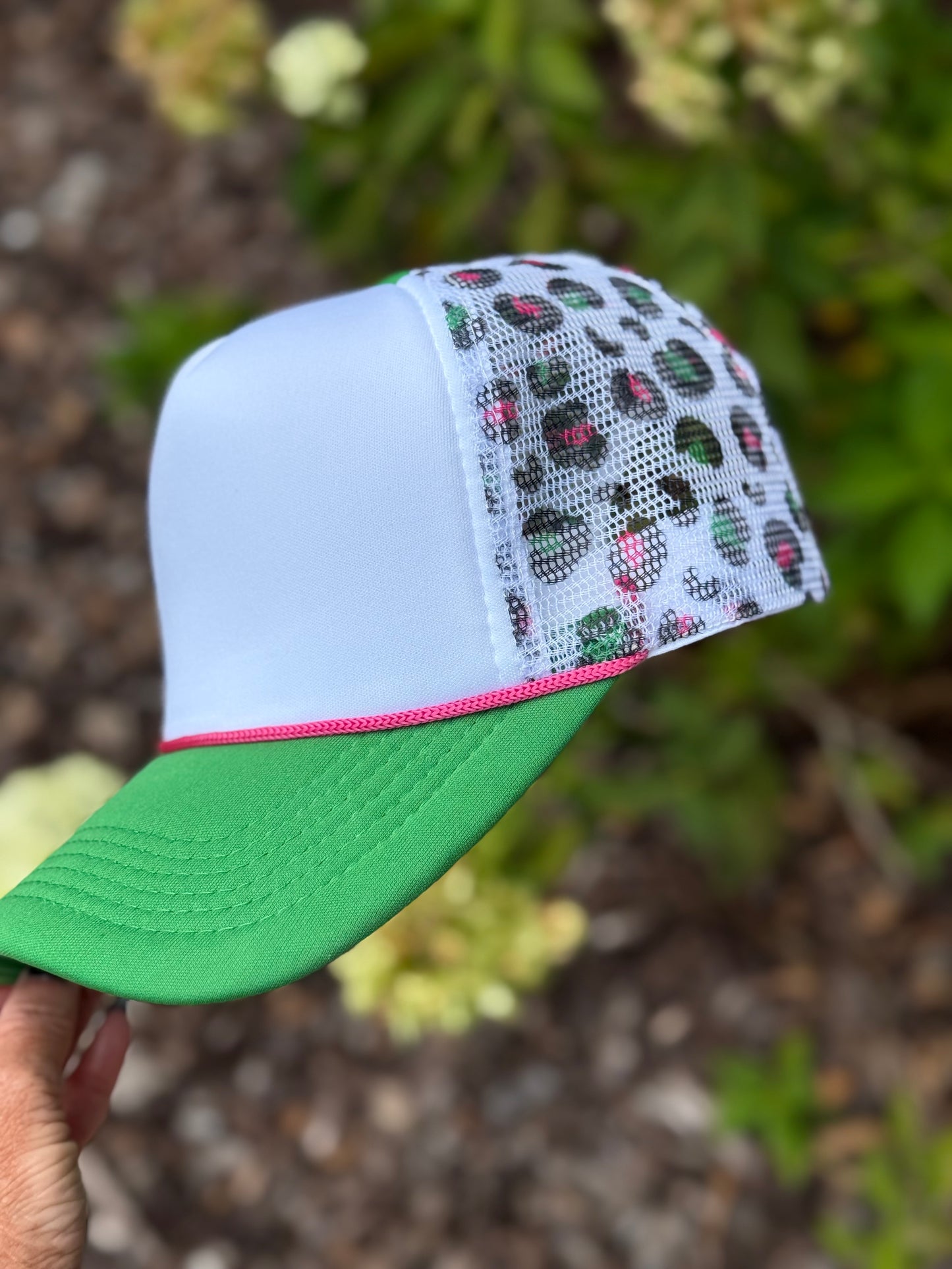 Boujee Grinchmas Collection Trucker Hat-Green/Pink Leopard