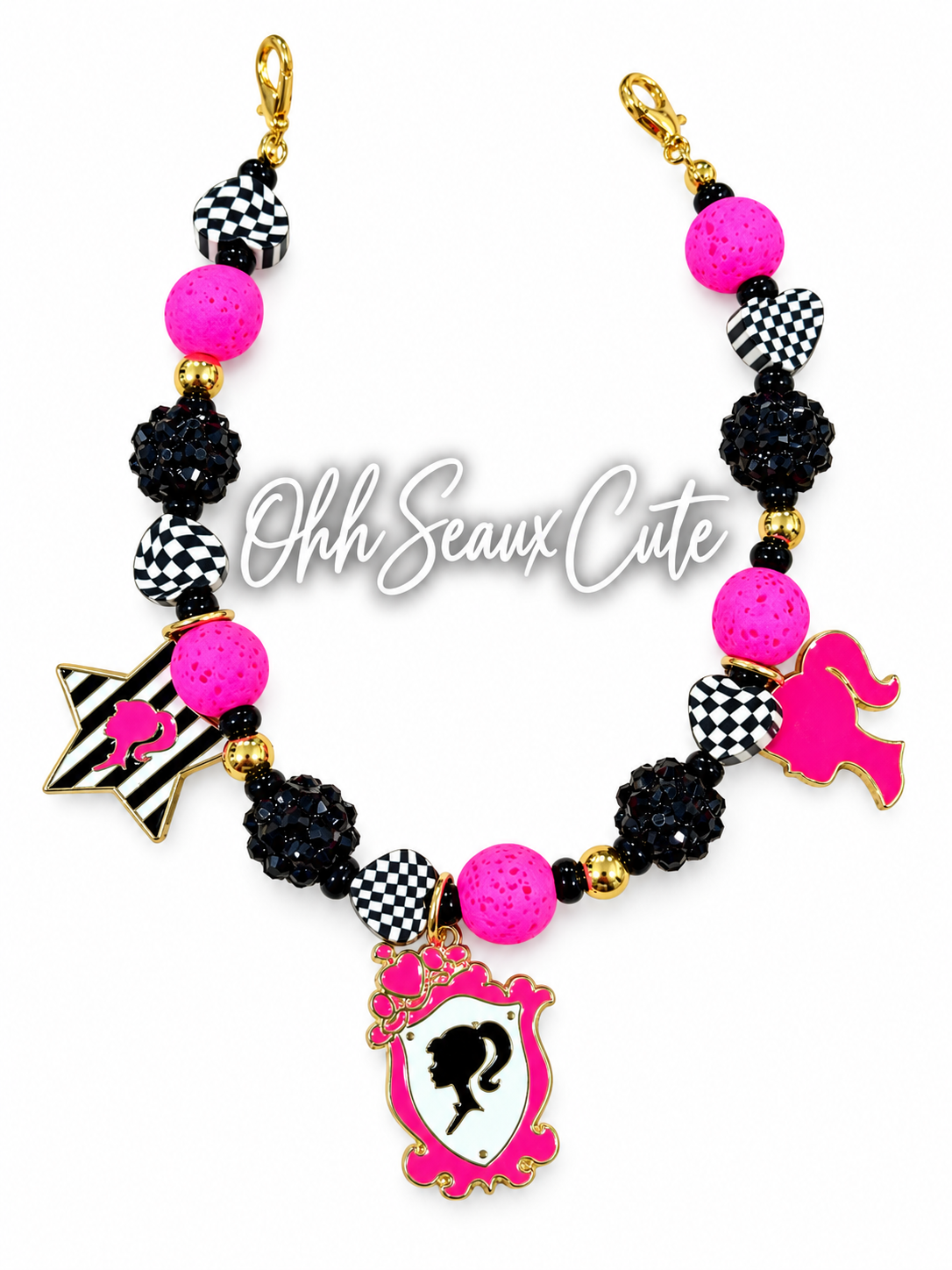 9” Checkered October Pink 4 Hat Chain