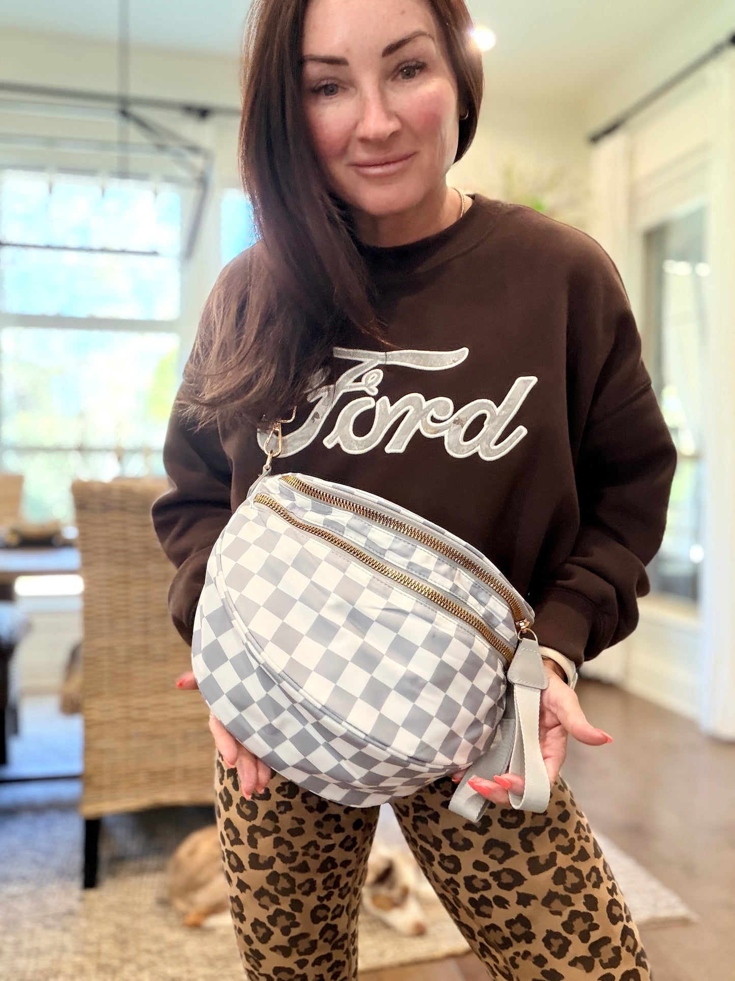 Nylon Checkered Bum Bag-Light Blue