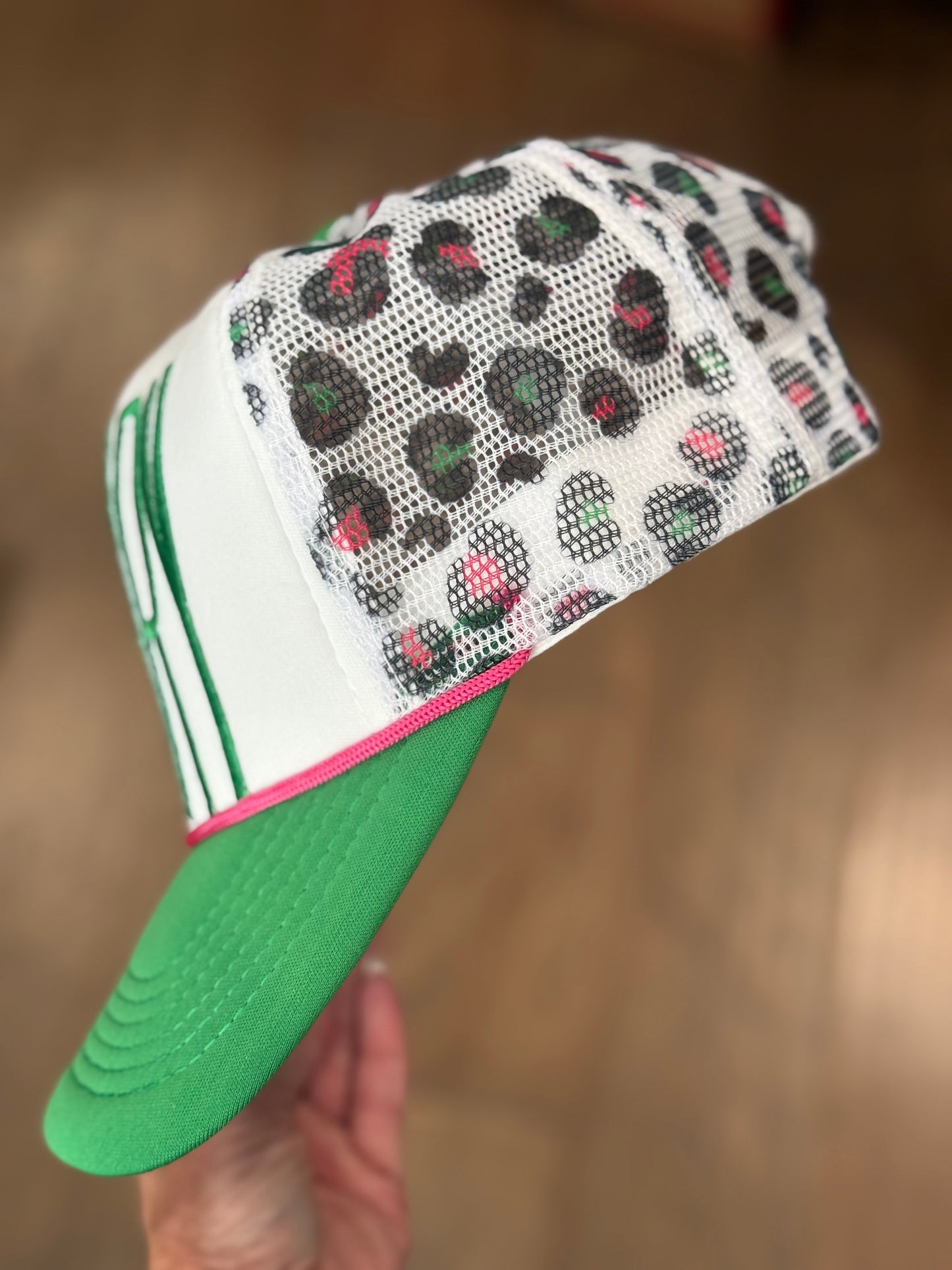 Boujee Grinchmas Collection Trucker Hat-Green/Pink Leopard