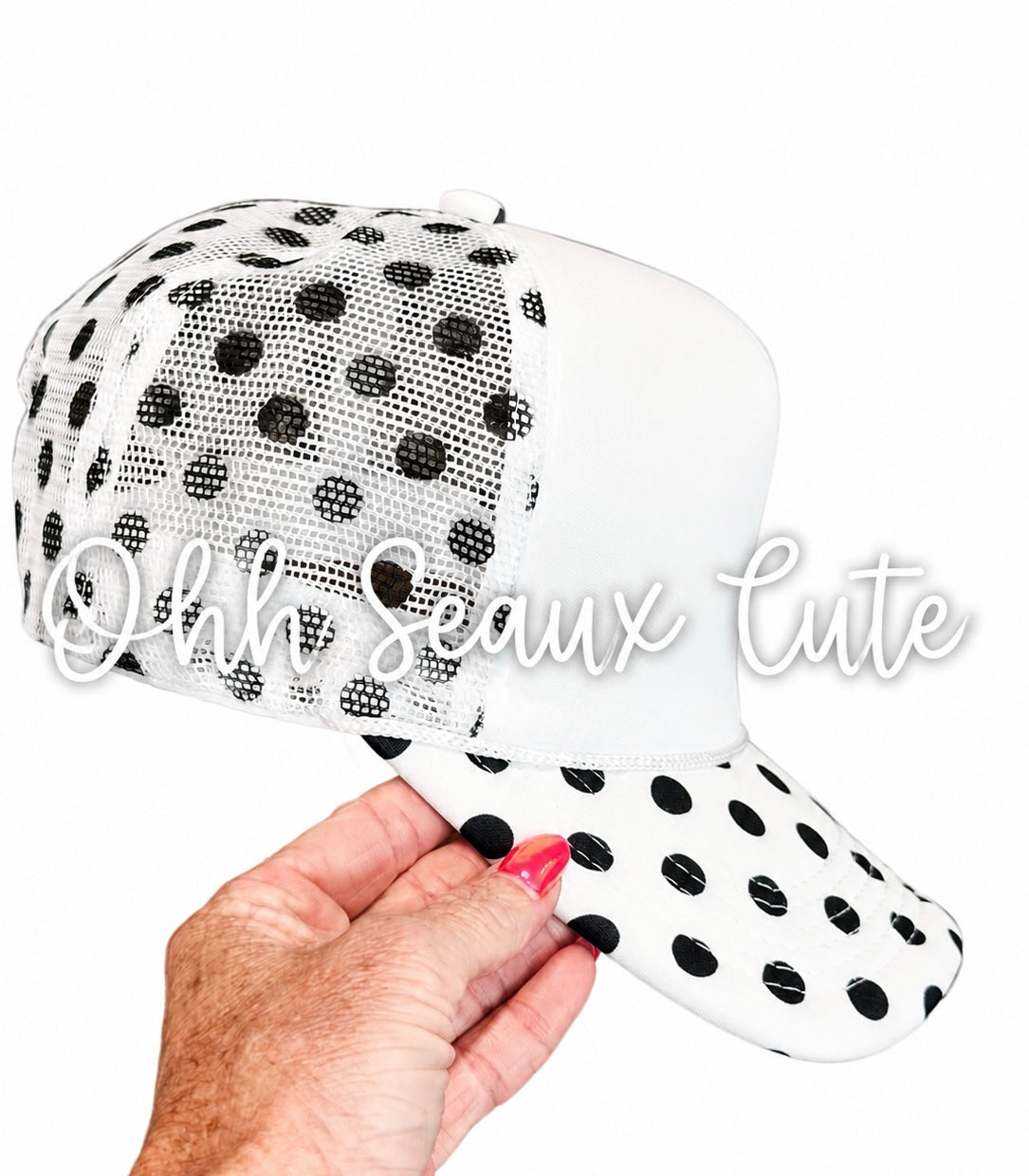 Custom Trucker Hat-Black Polka Dot