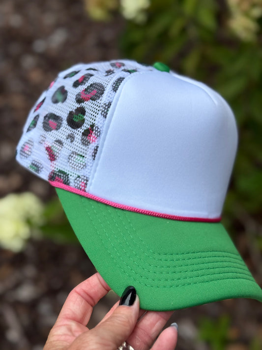 Boujee Grinchmas Collection Trucker Hat-Green/Pink Leopard