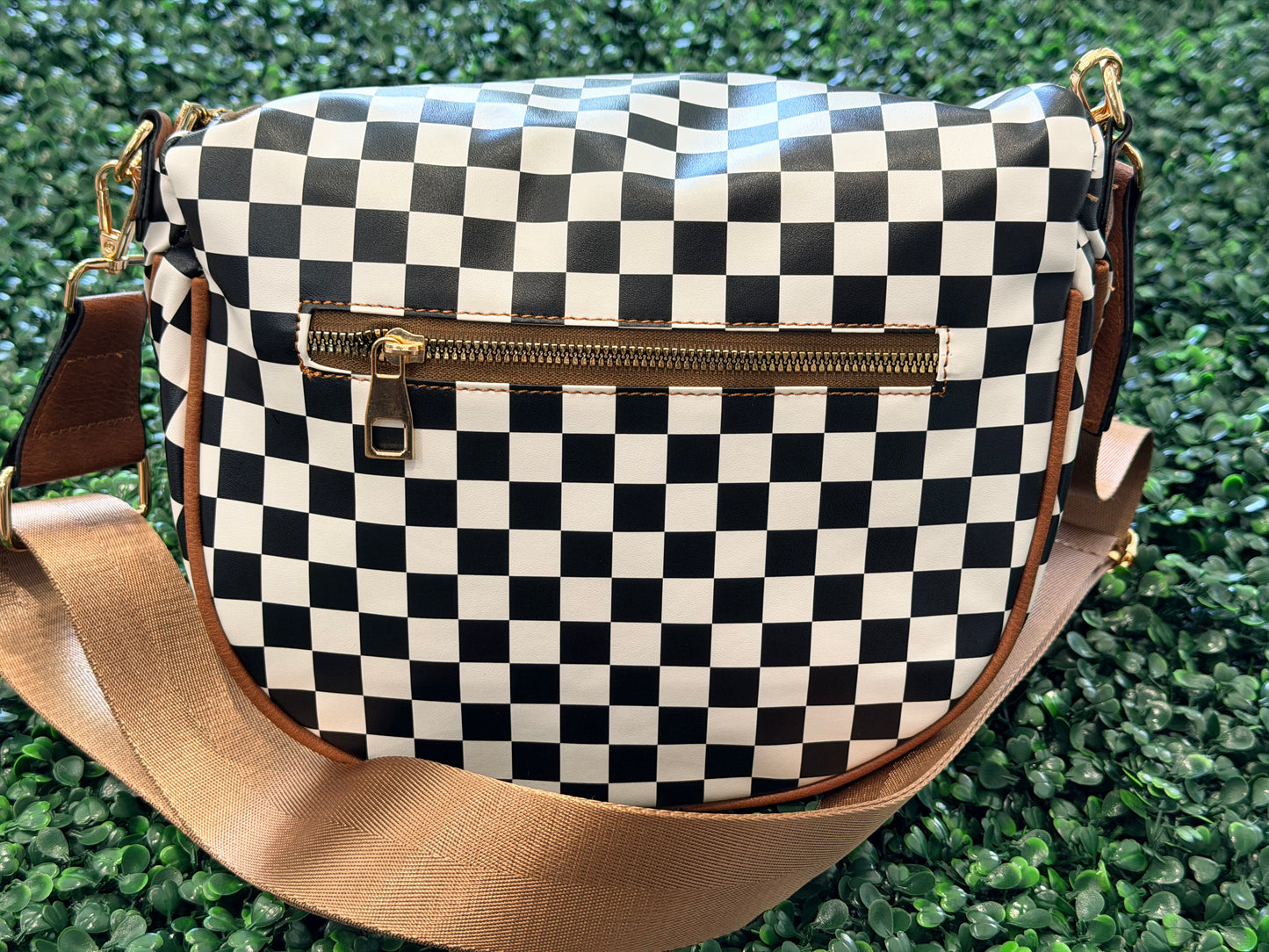 Pleather Bum Bag-Black/White Checkered