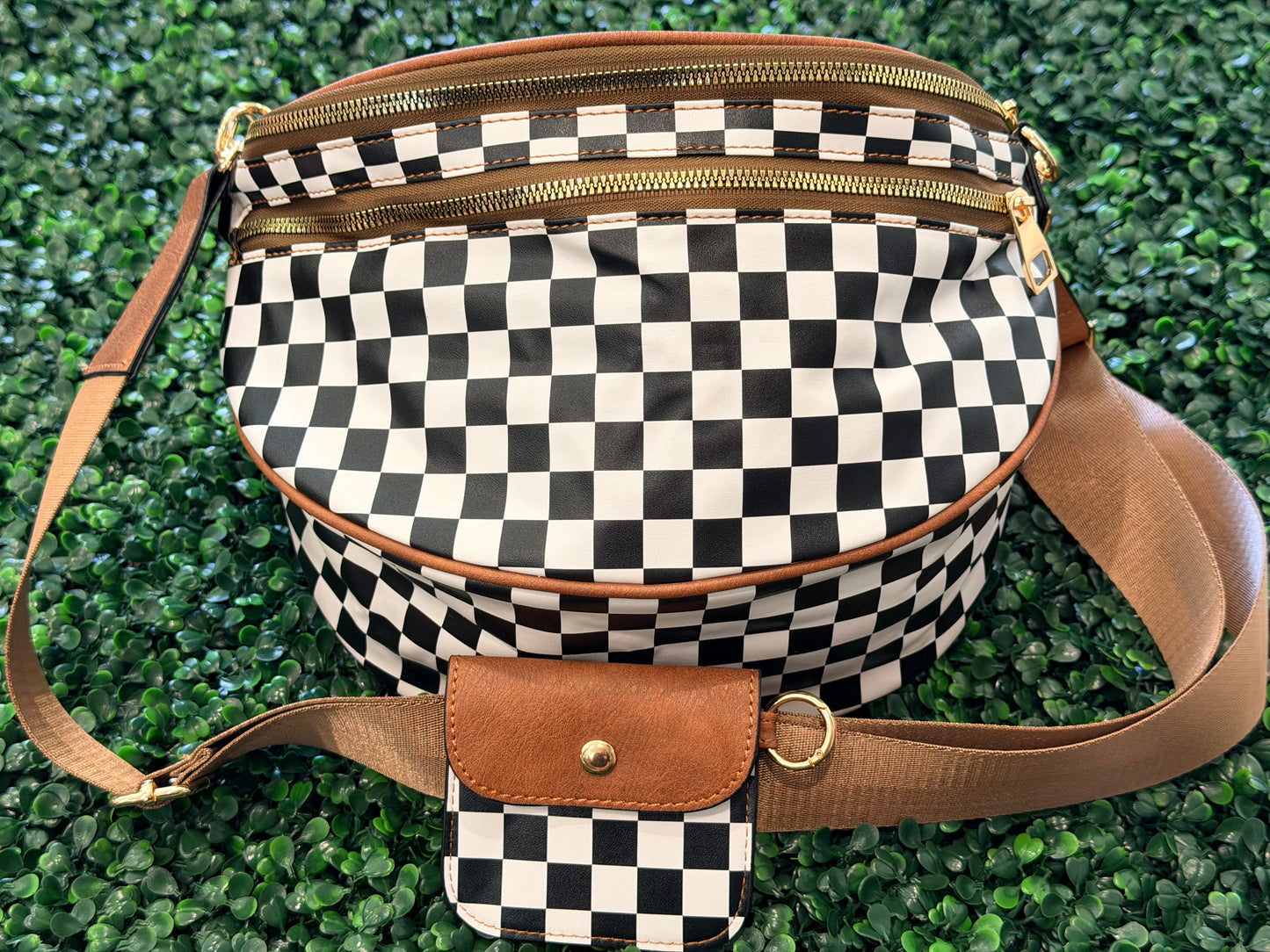 Pleather Bum Bag-Black/White Checkered