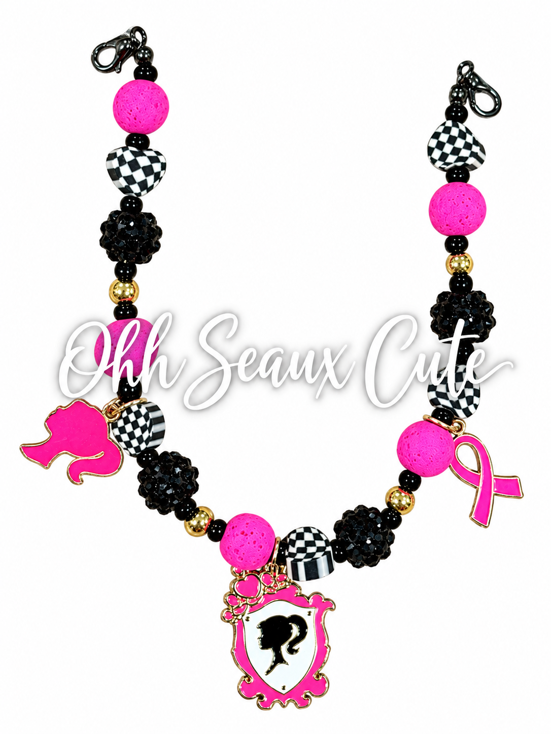 9” Checkered October Pink Hat Chain