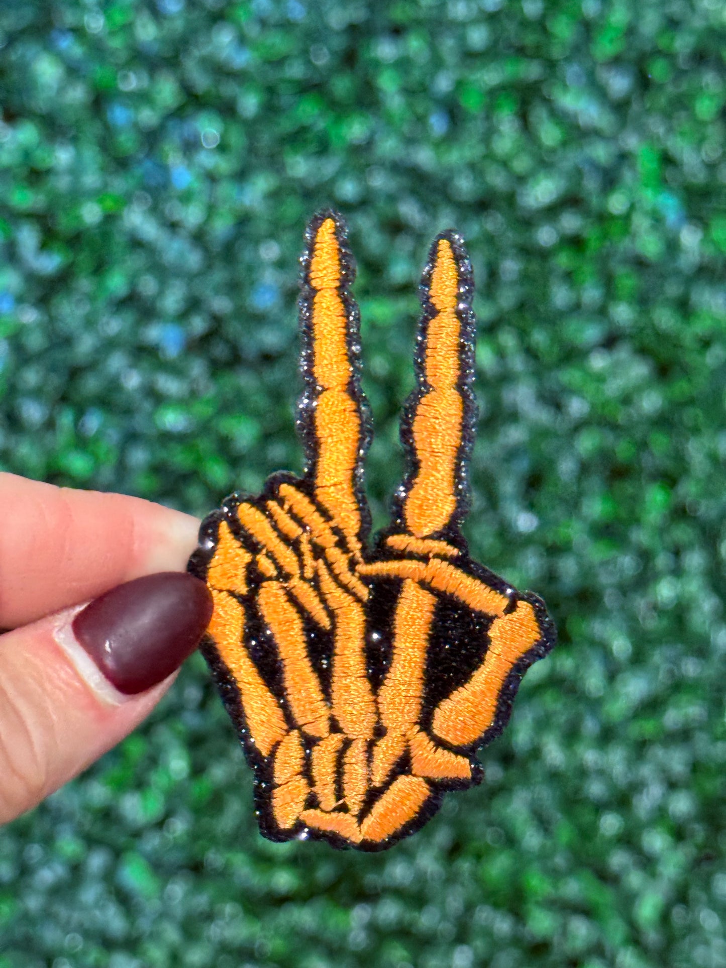 3” Glitter Neon Orange Peace Skeleton