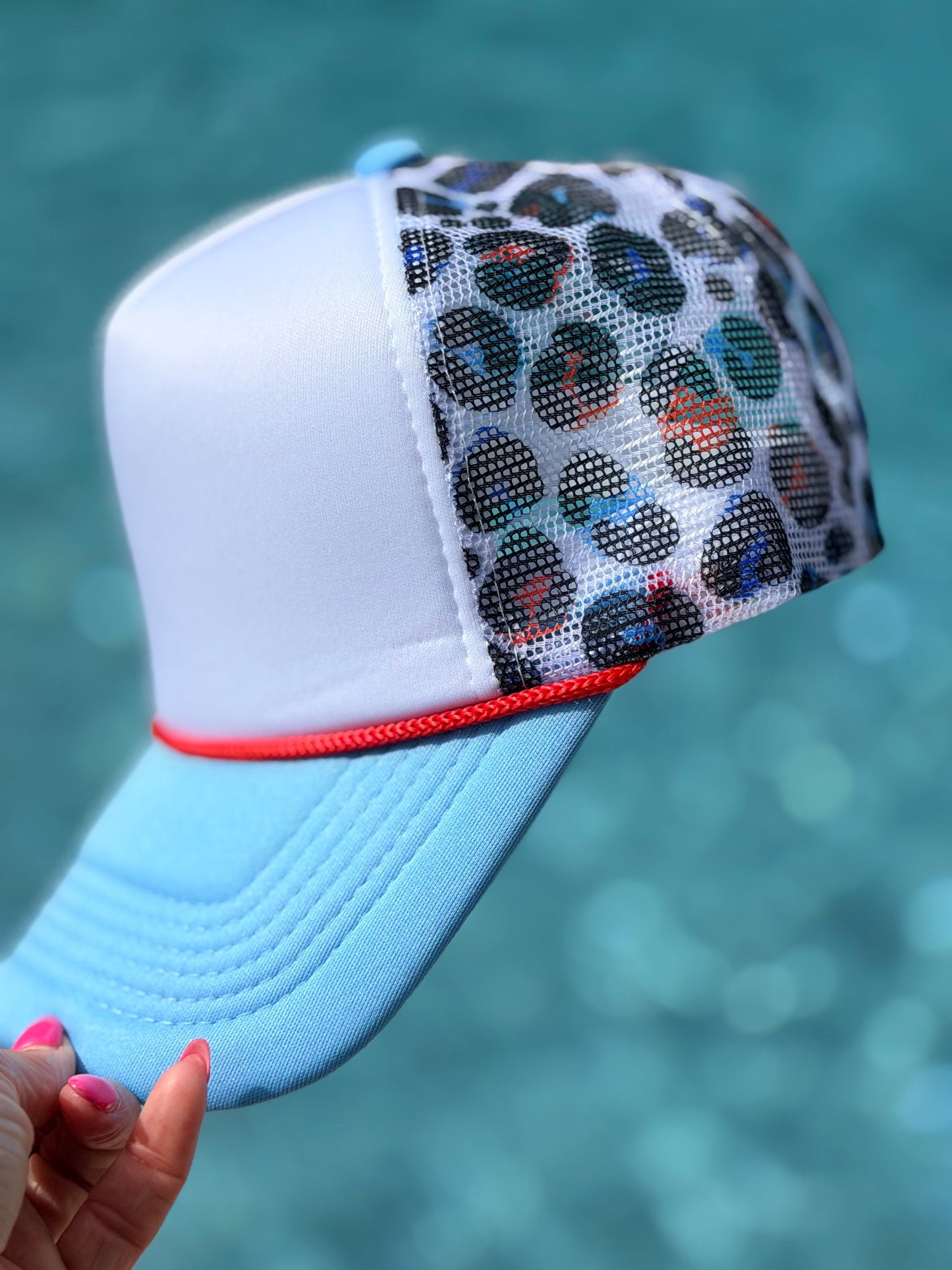Custom Trucker Hat-USA LEOPARD- Light Blue