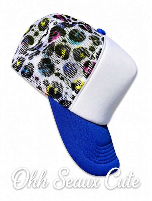 Custom Trucker Hat-NEON LEOPARD- Royal Blue