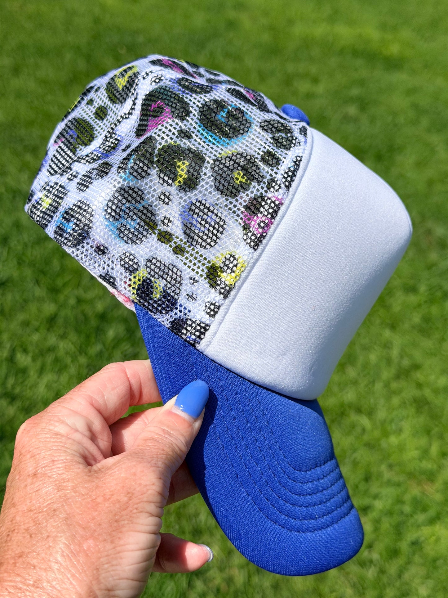 Custom Trucker Hat-NEON LEOPARD- Royal Blue