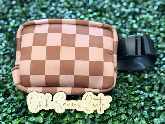 Brown Checkered Neoprene Belt Bag