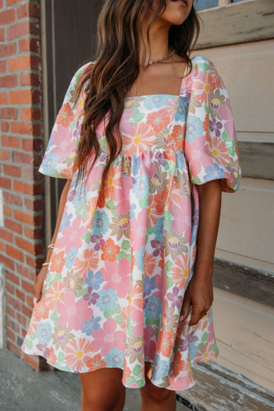 Pastel Floral Puff Sleeve Dress