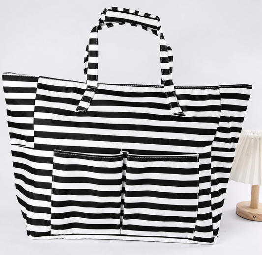 Black Stripe Pocket Beach Tote
