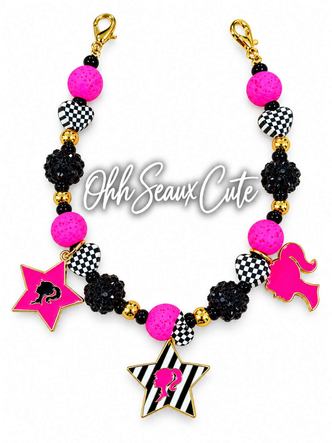9” Checkered October Pink 2 Hat Chain