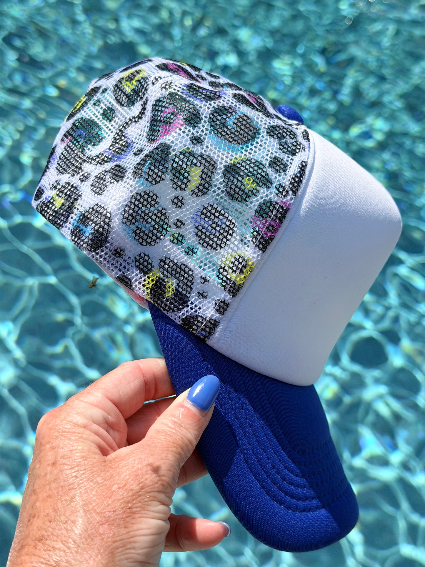 Custom Trucker Hat-NEON LEOPARD- Royal Blue
