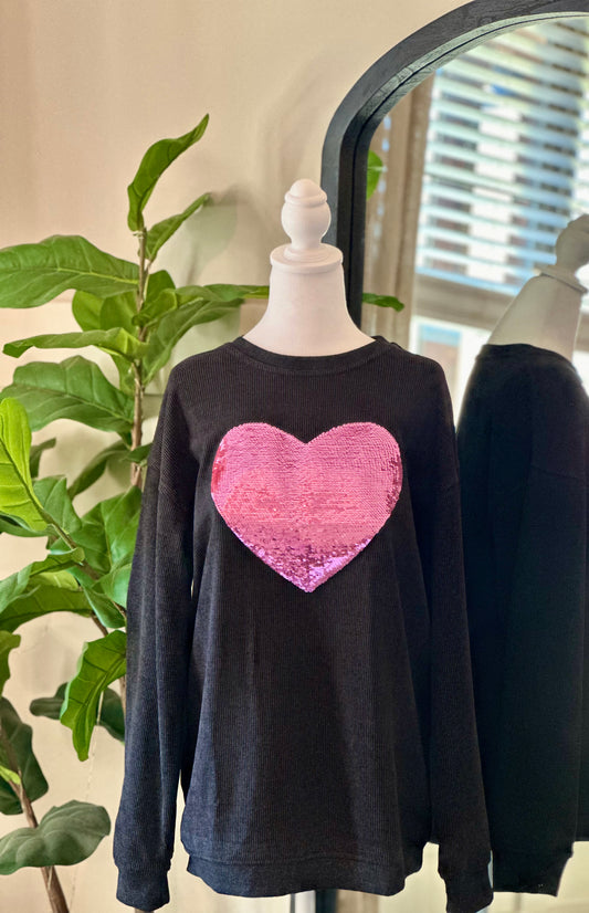 Sequin Heart Valentine Ribbed Sweater
